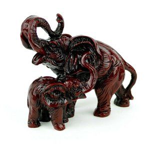 Mother & baby elephant standing figurine mini statue Red painted resin 5.5" tall